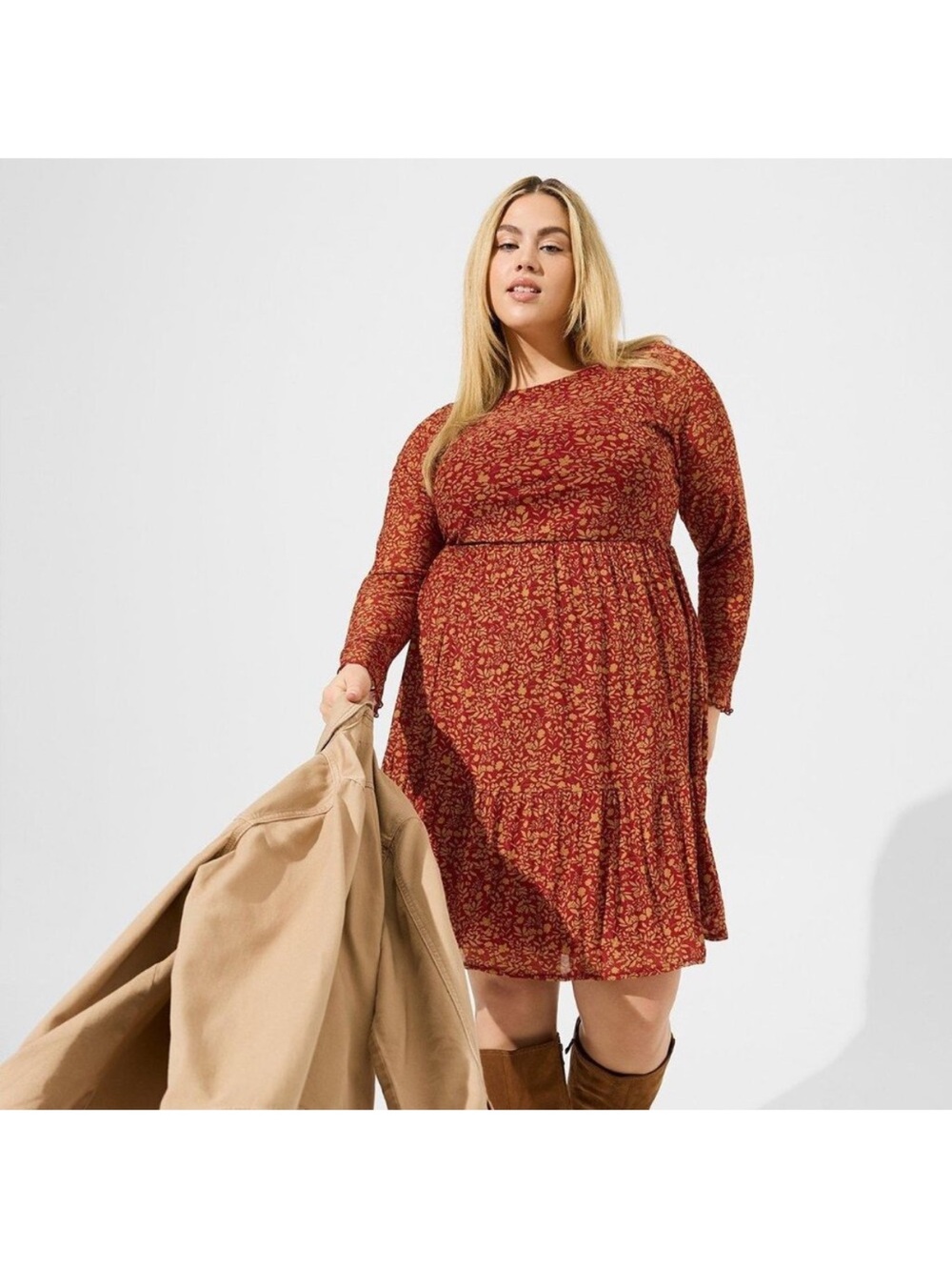 Torrid Maroon Print Long‎ Sleeve Dress
